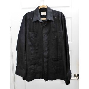Ramon Puig Miami 100% Linen Black Guayabera Long Sleeve Button Shirt Mens L
